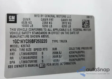 2011 Chevrolet Silverado K2500 Heavy Duty Ltz z USA, uszkodzony, nr VIN 1GC1KYC89BF260220